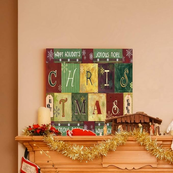 Renditions Gallery Christmas Word Art Wall Art, Cute Winter Decor, Colorful Wrapping Paper Like Designs, Snowflakes, Premium Gallery Wrapped Canvas, Ready to Hang, 16 in H x 16 in W, Made in America