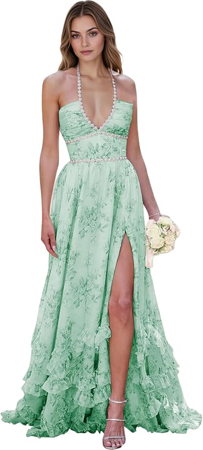Floral Printed Chiffon Prom Dress for Carmen 2025 Long V Neck Floor Length Photoshoot Dress with Side Slit Ruched