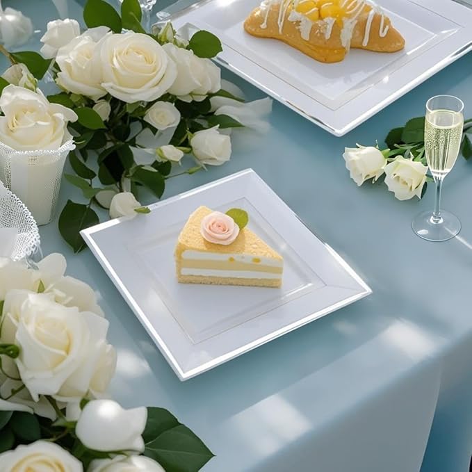 Festiva 350Pcs Silver Plates - Silver Square Plastic Plates 9 .5" and 6" - serve for 50 guests include 50 Cups 50Plastic Cutlery 50Hand Napkins Perfect for Party&Wedding&Birthday