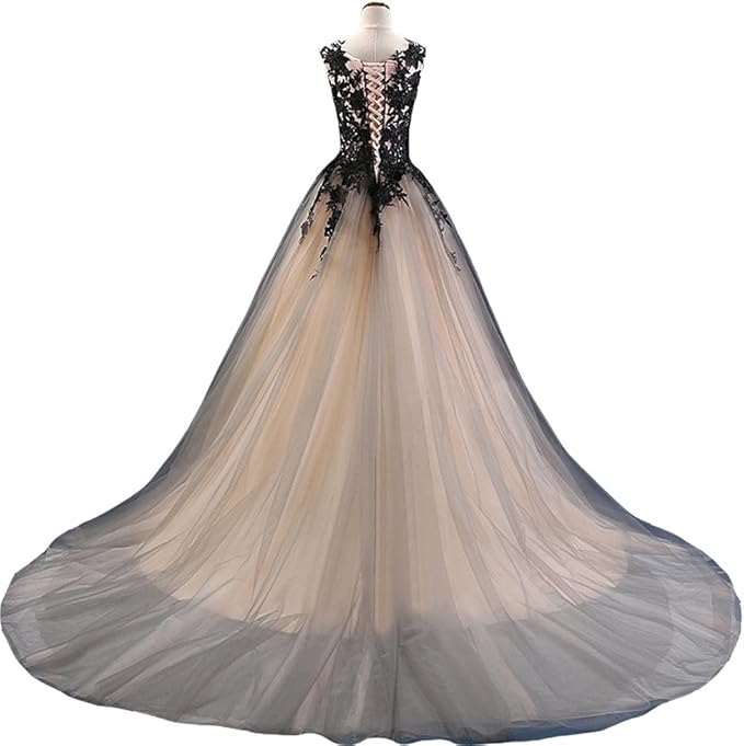 Kivary Gothic Gray Tulle Long Black Lace Sheer Bateau Prom Wedding Dresses