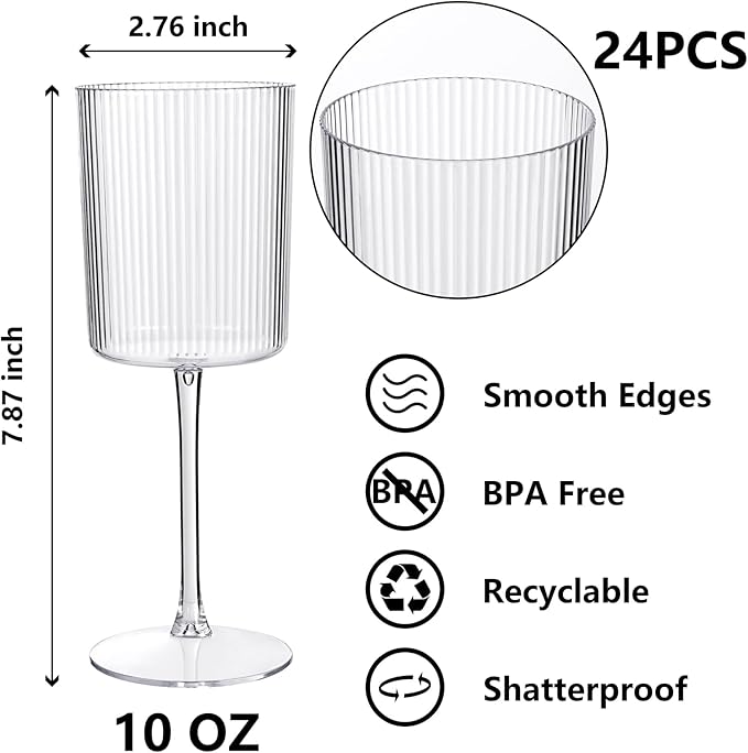YOUBET 24 Pack Plastic Ribbed Wine Glasses - 10 OZ Clear Square Wine Glasses with Stem - Heavy Duty Vintage Disposable Champagne Cups for Wedding Parties