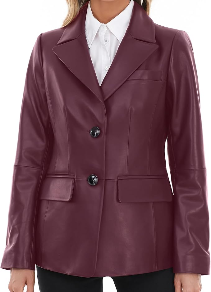 SILVER FASHIONS Lambskin Leather Jacket Women,Long Sleeve Button Front Leather Blazer,Notched Lapel Casual Style,Vent Detail