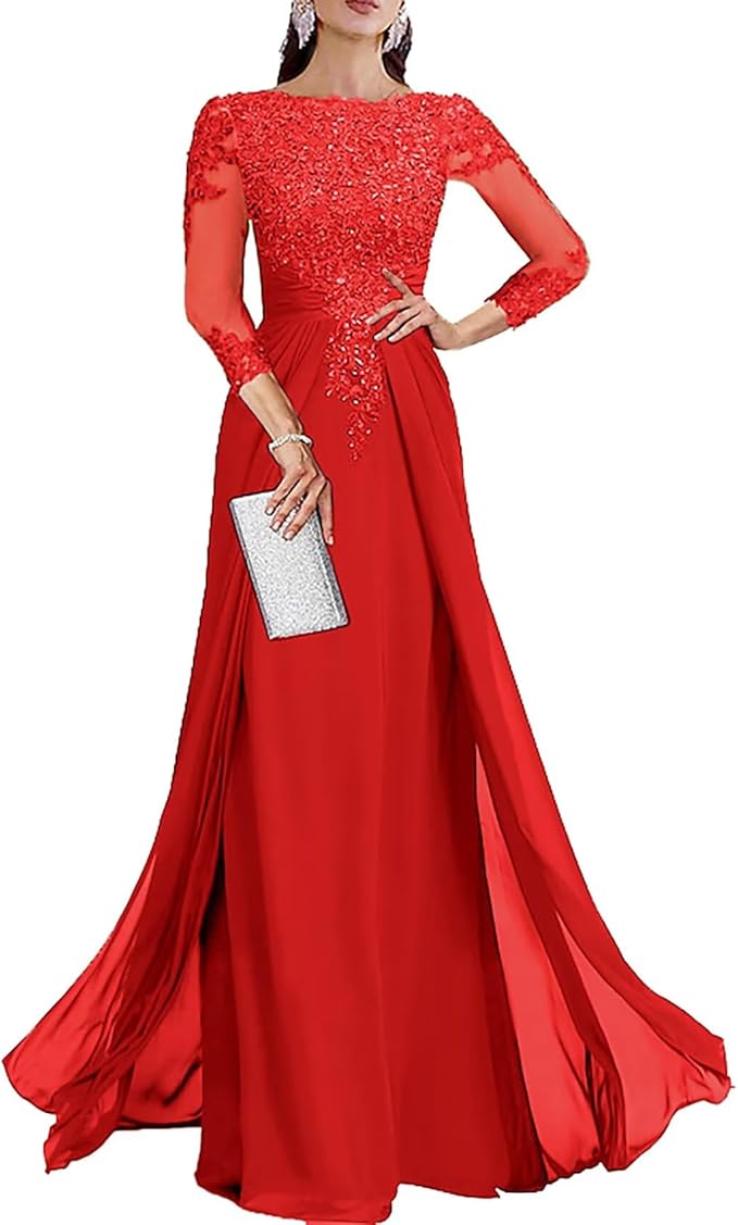 Long Sleeve Mother of The Bride Dresses for Wedding Lace Appliques Chiffon Formal Dress He6052