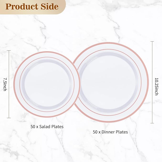 BESTVIP 100PCS Rose Gold Plastic Plate, Disposable Party Plates with 50 Dinner and 50 Dessert Plates, Plastic Plate for Party, Wedding and Birthday