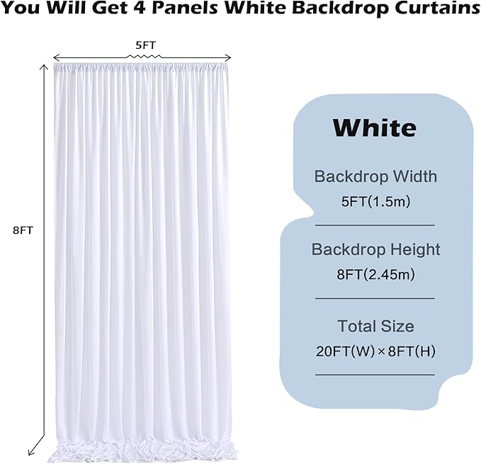20ft x 8ft Wrinkle Free White Backdrop Curtain for Weddings Parties, 4 Panels 5x10ft Soft Silky Polyester White Photo Backdrop Drapes Back Drop Cloth for Birthday Christmas Photography Background