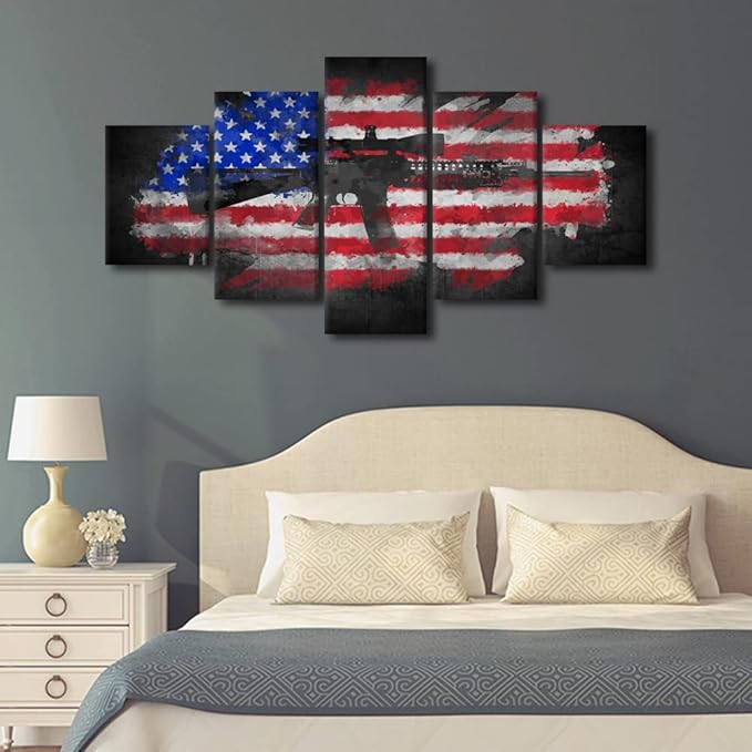 Black and White Canvas Painting Prints and Poster American Flag with Gun 5 Panel Pictures Home Decor Living room Wall Decorations Modern Large Artwork Home Decor Stretched and Framed 60" Wx32 H