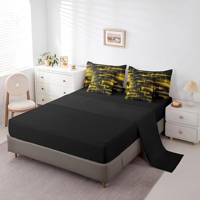 Feelyou Yellow Black Bedding Set Twin Size Boys Girls Geometric Strip Lines Comforter Set with Sheets 7 Piece forBed in a Bag Abstract Modern Bed Set with Comforter,Sheets,Pillowcases