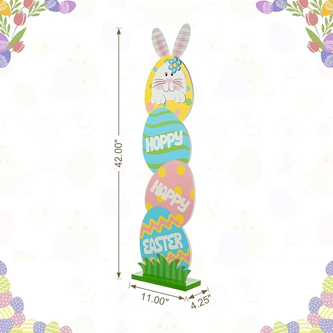 Glitzhome 42" H Happy Easter Porch Sign, Farmhouse Rustic Wooden Bunny and Eggs Porch Decor Standing Sign for Front Door Porch Decorations