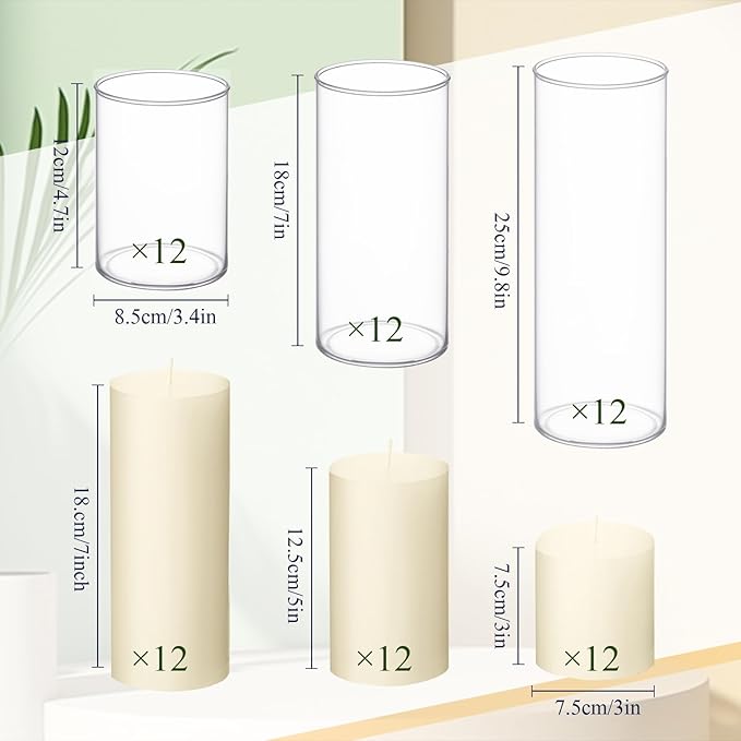 Shihanee Set of 36 Pillar Candles and Glass Cylinder Vases Clear Cylinder Holders for Slim Pillar Candles Wedding Centerpieces(3.4'' X 4.7", 7", 9.8",Ivory White)