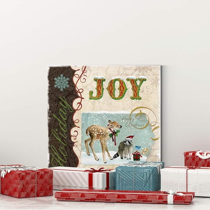 Renditions Gallery Holiday Joy Wall Art, Cute Winter Decor, Festive Fawn Deer, Raccoon, & Bluebird with Present, Premium Gallery Wrapped Canvas, Ready to Hang, 24 in H x 24 in W, Made in America