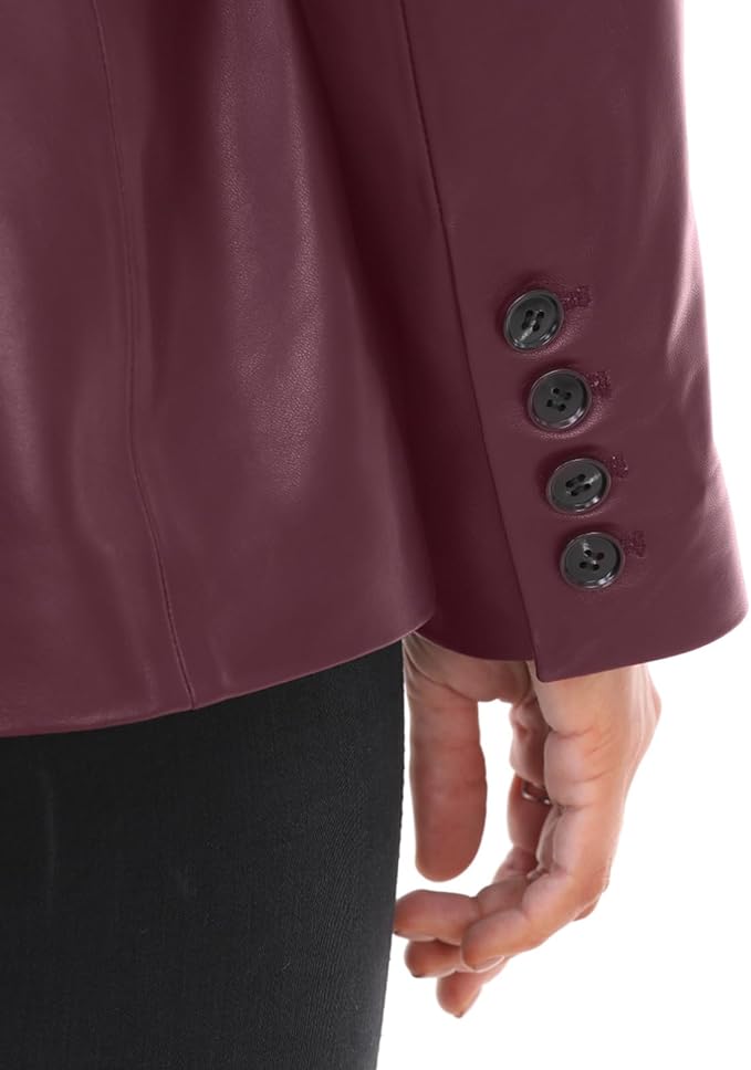 SILVER FASHIONS Lambskin Leather Jacket Women,Long Sleeve Button Front Leather Blazer,Notched Lapel Casual Style,Vent Detail