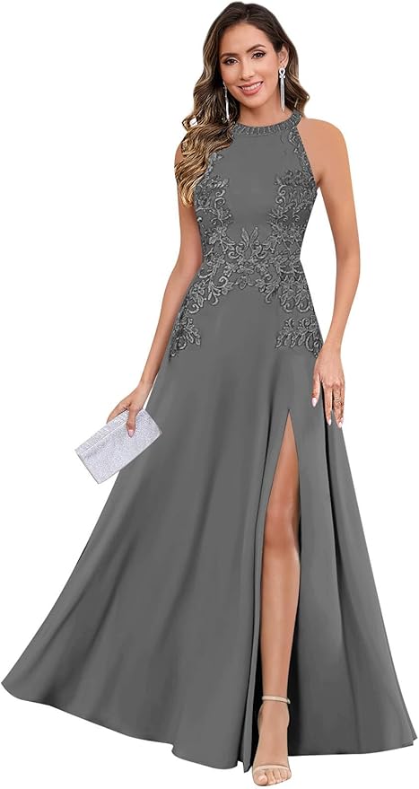 GUKARLEED Halter Lace Appliques Mother of The Bride Dresses for Women Long A-line Formal Wedding Guest Dress with Slit