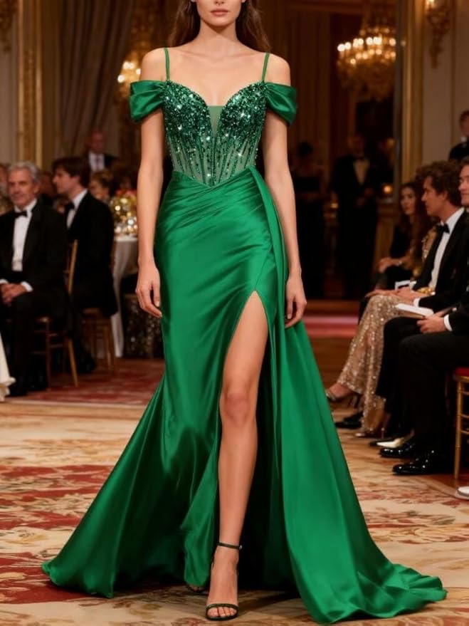 Rjer Off The Shoulder Satin Prom Dresses Long with Slit Tail 2026 Sequin Beaded Pleated Evening Ball Gown for Women Formal
