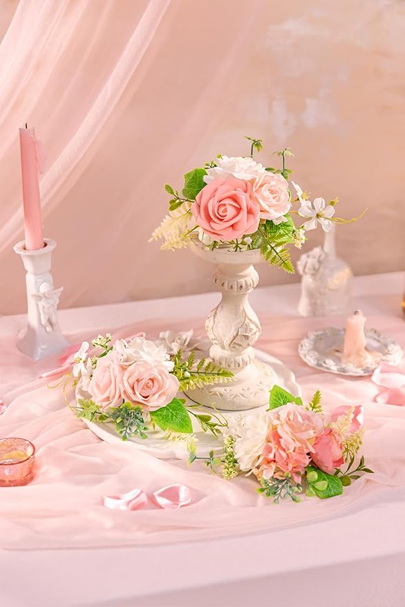 TINGE TIME 3Pcs Pre-made Cake Toppers，Silk Artificial Flowers Decor，Cake Decorations for Weddings, Birthdays, Party,Baby Shower,Celebration (PeachPink&White)