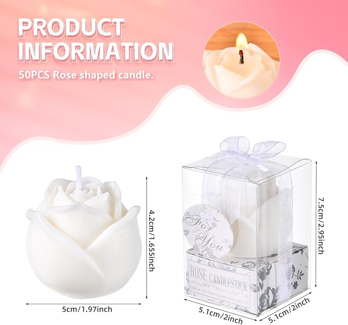 50Set White Rose Flower Shape Candle Bulk Wedding Party Favors Romantic Handmade Delicate Candles with Gift Box, Wedding Candle Gift for Guests Return Souvenirs Bridal Anniversary Birthday Decoration