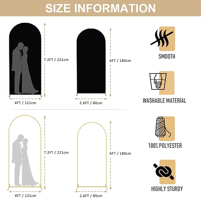 Metal Arch Stand and Cover Set 7.2FT 6FT Black Arch Backdrop Cover for Round Top Balloon Stands Arched Stand with Covers Set of 2 Chiara Backdrop Covers for Bridal Baby Shower Wedding Decor
