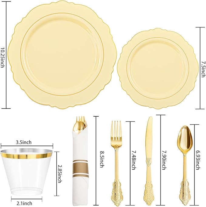 Liacere 350PCS Yellow Plastic Plates - Yellow Disposable Plates With Gold Rim-50Guest Baroque Plastic Dinnerware include 100 Plates,50 Pack Pre Rolled Napkins with Silverware 50Cups for Wedding＆Easte