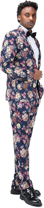 Cloudstyle Mens 2 Piece Suit Notched Lapel Sport Coat Floral One Button Slim Fit Tweed Suit