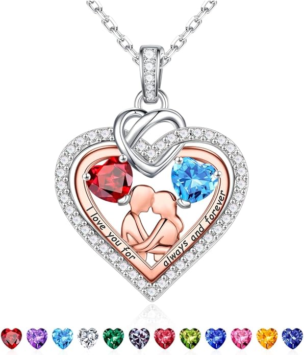 Iefil Valentines Day Gifts for Her - 925 Sterling Silver Double Heart Birthstone Necklace for Women, Anniversary Birthday Gifts for Wife I Love You Gift Couple Sitting Hugging Each Other Jewelry Gift