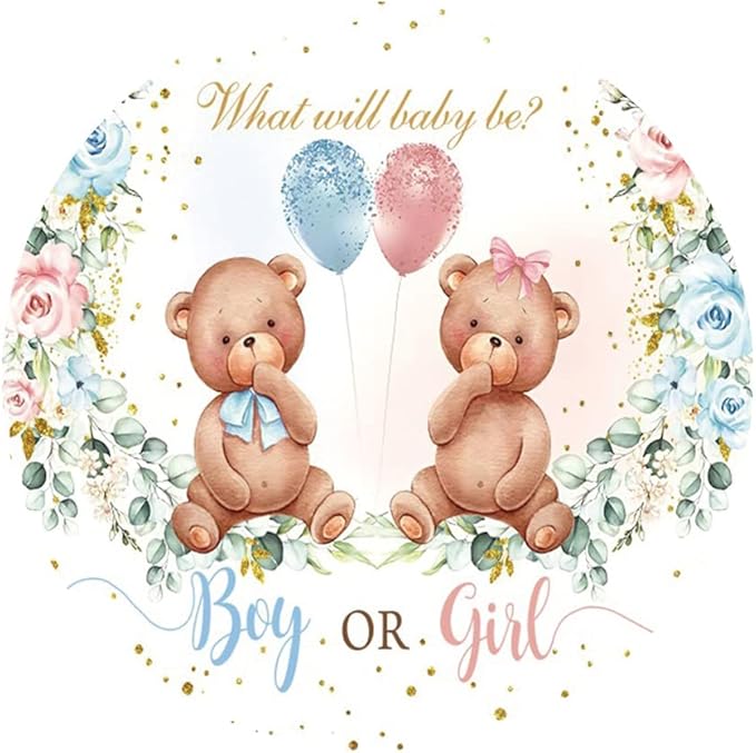 Leyiyi 6.5x6.5ft Boy or Girl Baby Shower Round Backdrop Golden Dots What Will Baby Be Lovely Bear Background for Photography Watercolor Floral Balloons Newborn Gender Reveal Party Cake Table Banner