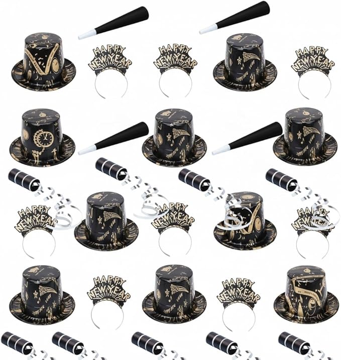 PMU New Year's Eve Party Supplies 2026 Ebony and Gold Party Kit Assortment for 10 Persons - New Year's Eve Decorations Supplies, Outfits for Adults, Men and Women (10/psn) Pkg/1