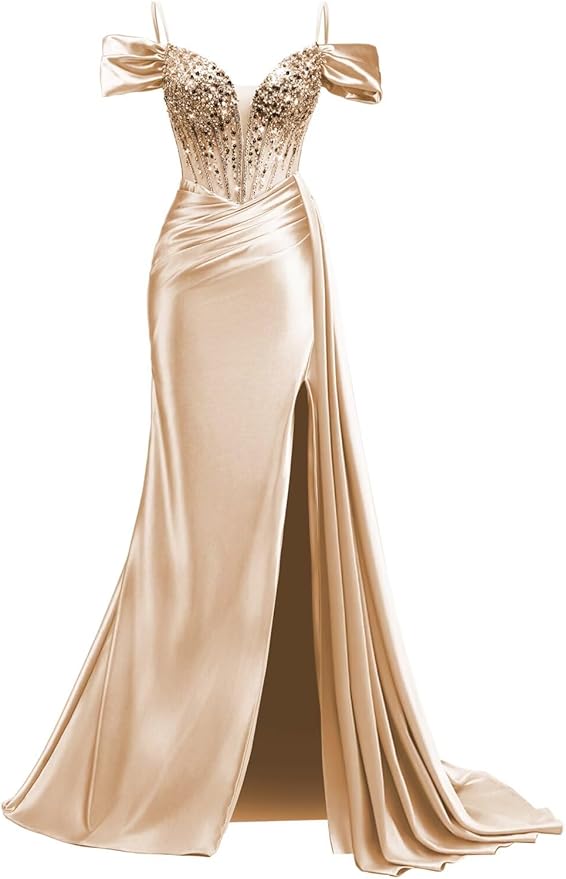Rjer Off The Shoulder Satin Prom Dresses Long with Slit Tail 2026 Sequin Beaded Pleated Evening Ball Gown for Women Formal