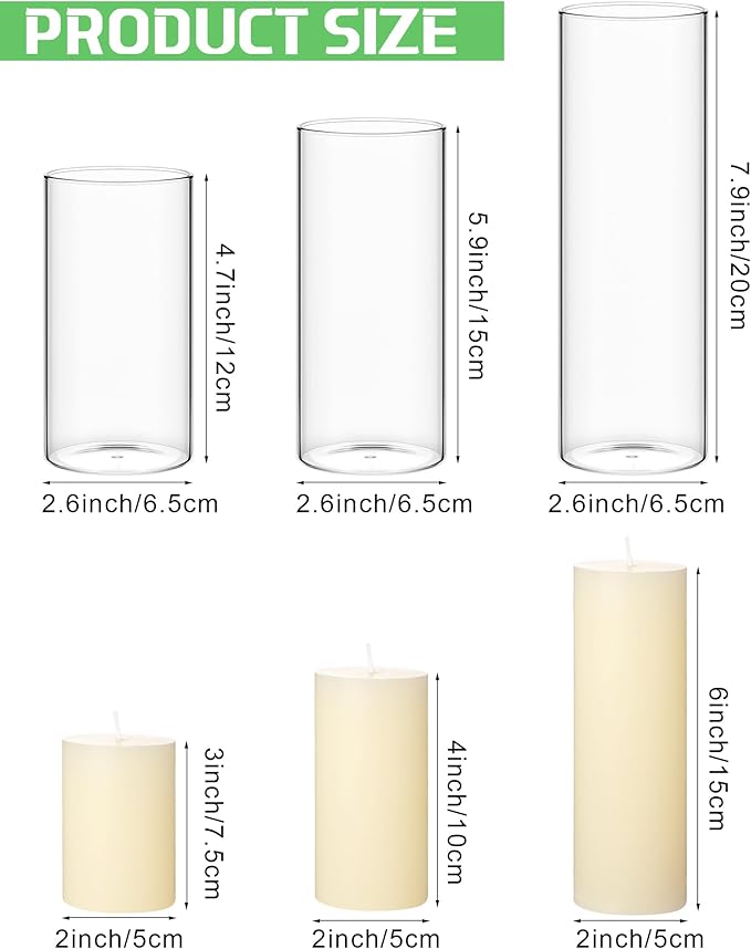Shihanee Set of 36 Pillar Candles and Glass Cylinder Vases Clear Cylinder Holders for Slim Pillar Candles Wedding Centerpieces(2.6'' X 4.7'', 5.9'', 7.9'',Ivory White)