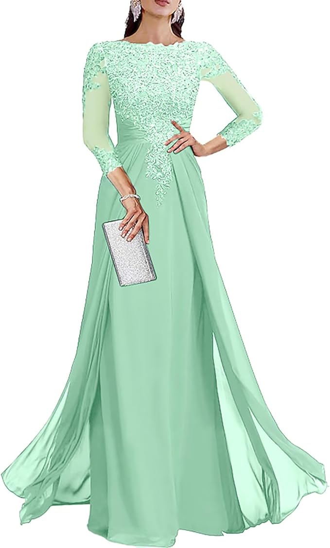 Long Sleeve Mother of The Bride Dresses for Wedding Lace Appliques Chiffon Formal Dress He6052