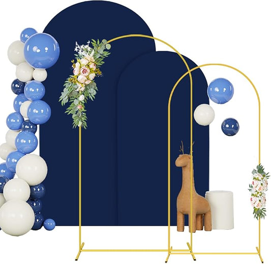 Metal Arch Backdrop Stand and Cover Set 7.2FT 6FT Gold Arch Stand Frame with Navy Blue Spandex Fitted Arch Covers for Wedding Party Reception Decorations