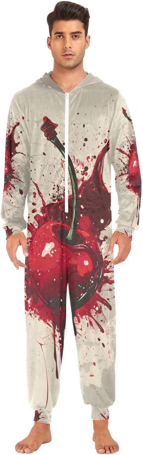 Red Cherry Vintage Adult Onesie Pajamas for Men Women Unisex Novelty One Piece Costume Sleepwear