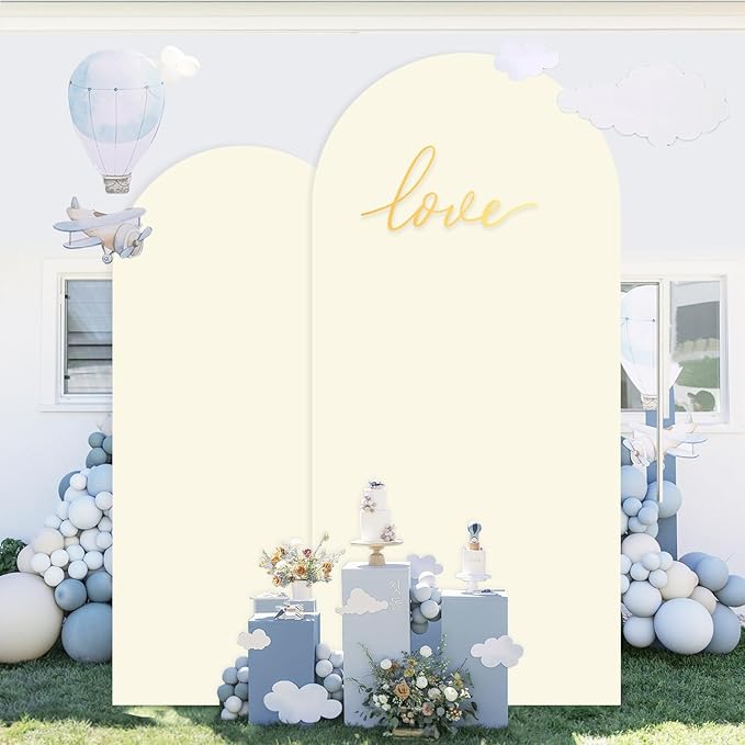 Set of 2 Wedding Arch Backdrop Stand and Cover Set 7.2FT & 6FT Gold Metal Arch Balloon Stand with Ivory Arch Cover Spandex Backdrop Covers Chiara Arched Frame for Baby Shower Party Ceremony Decor