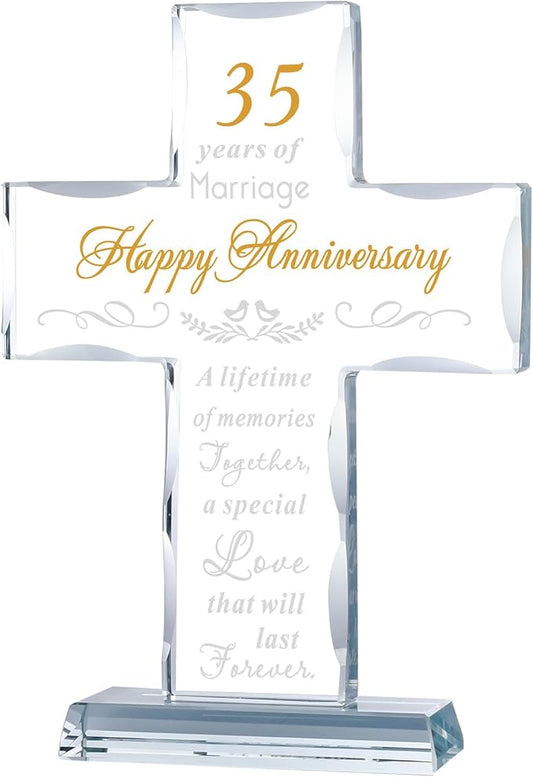 YWHL 35th Wedding Anniversary Cross Gifts for Her Him, Unique Glass Cross Gifts with Romantic Quote, 35 Years of Marriage Gifts for Couple, Standing Cross Gifts for 35th Anniversary Decoration