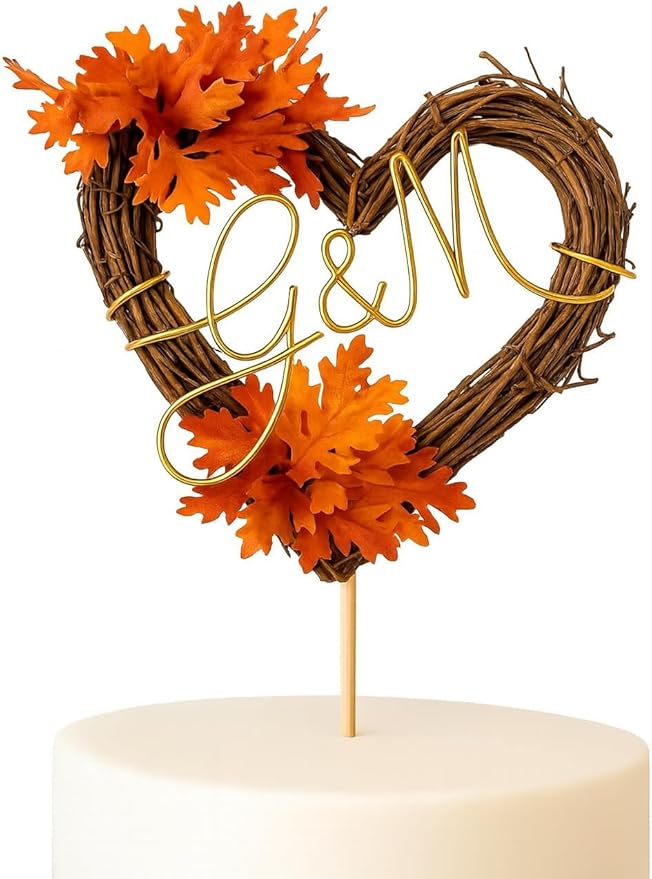 Personalized Orange Fall Leaves Cake Topper for Autumn Wedding Decor