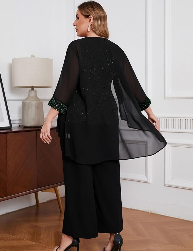 ZOMVA Plus Size 3 Piece Formal Pantsuit Sparkly Chiffon Jacket Set Dressy Outfit Mother of The Bride Groom Wedding Cocktail