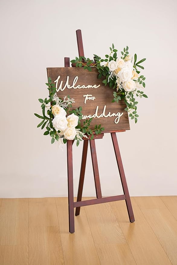 2pcs Champagne & White Deluxe Welcome Sign Artificial Flowers Wedding Backdrop Garland Hanging Floral Arrangements for Ceremony Reception Entryway Board Sweetheart Table