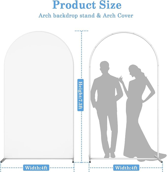 Wedding Arch Backdrop Stand with Arch Cover Spandex,7.3Ft Metal Balloon Arch Stand Frame for Wedding Birthday Party Baby Shower Bridal Banquet Decoration, White