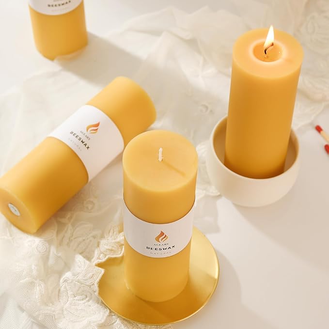 6PCS Pure Beeswax Pillar Candles, 2-Inch Diameter x 6-Inch Height, Natural Unbleached Beeswax, Unscented, Durable & Safe for Home Decor