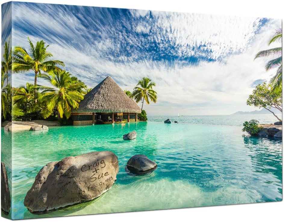 IPIC - "Tropical Memories Personalized Canvas Wall Art, Custom Beach Canvas Print with Name and Date on Rock, A Personalized Gift for Couple, Wedding, or Anniversary, Coastal Home Decor