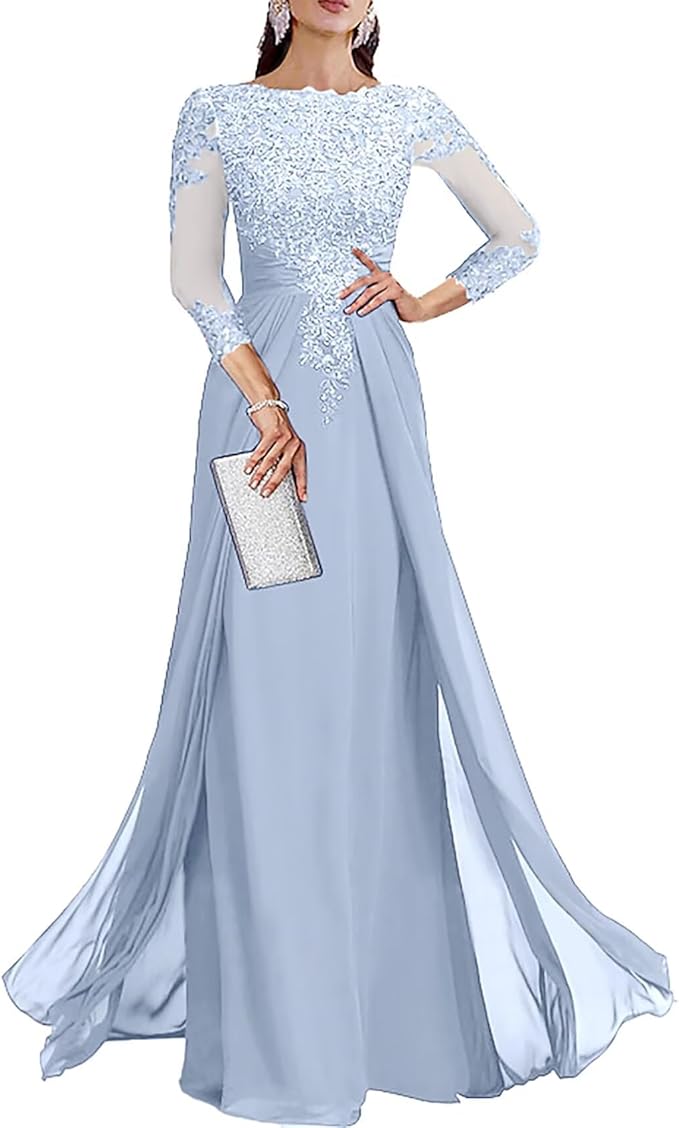 Long Sleeve Mother of The Bride Dresses for Wedding Lace Appliques Chiffon Formal Dress He6052
