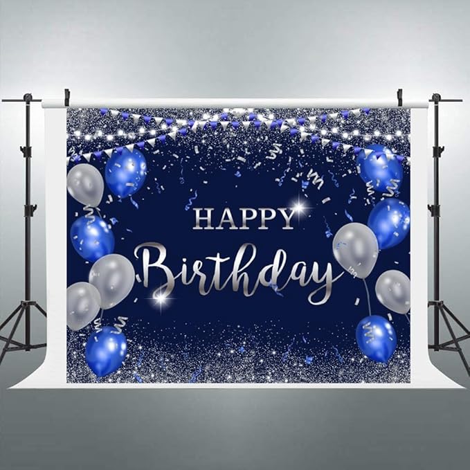 ChloropLastid Navy Blue and Silver Happy Birthday Backdrop 10x8ft for Women Men Girls Boys Birthday Party Decorations Banner Photography Background Happy Birthday Banner Decor Supplies