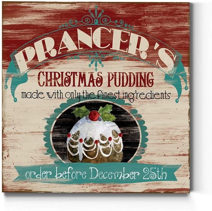 Renditions Gallery Prancer's Christmas Pudding Wall Art, Cute Winter Decor, Vintage Faux Wood Look, Festive, Premium Gallery Wrapped Canvas, Ready to Hang, 40 in H x 40 in W, Made in America