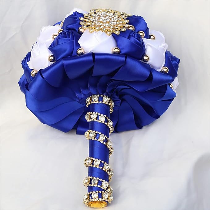 Brooch Wedding Bouquet with Bling Gold Rhinestone Pearl Satin Rose Flower Quinceanera Bridal Bouquet for Bride Bridesmaid Wedding Royal Blue and White 8.3in