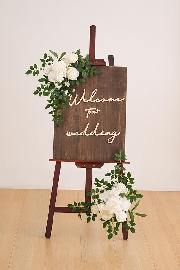 2pcs White & Green Deluxe Welcome Sign Artificial Flowers Wedding Backdrop Garland Hanging Floral Arrangements for Ceremony Reception Entryway Board Sweetheart Table