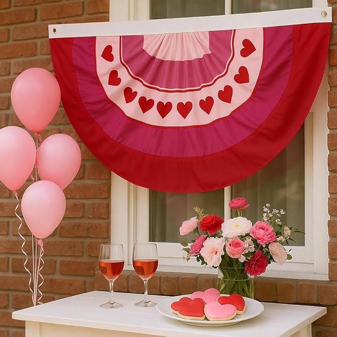 4Pcs Valentine Bunting Flags 2x4Ft Embroidered Love Heart Half Fan Valentine’s Day Galentine’s Day Decor Banner for Outdoor Porch Garden Fence Décor Engagement Party Anniversary/Wedding