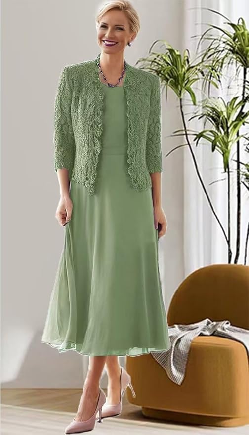 Tea Length Grandmother of The Bride Dresses with Jackets Elegant Laces Mother of Bride Dress for Wedding Guests
