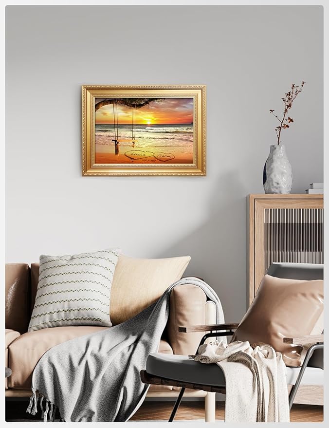 IPIC - "Eternal Love Personalized Canvas Wall Art, Custom Beach Sunset Scene with Solid Wood Frame, A Personalized Gift with Name and Date for Couple, Wedding, or Anniversary