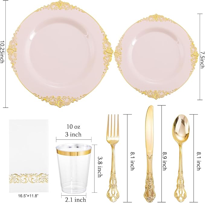 YOUBET 700PCS Pink Plastic Plates - Pink and Gold Plates - Luxury Pinks Dinnerware Set Include 200 Disposable Plates, 300 Heavy Duty Silverware, 100 Cups, 100 Napkins for Wedding Party Valentines Day