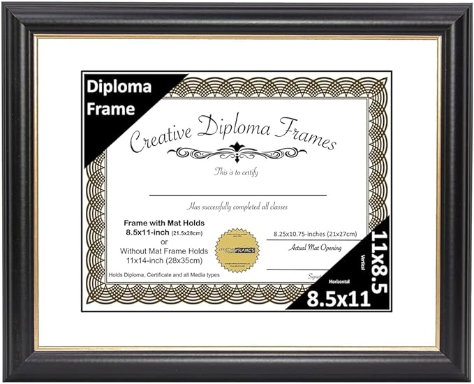 Creative Picture Frames 8.5" x 11" Rockefeller Black w/Gold Rim Diploma Frame, Displays 8.5" x 11" Certificate or 11" x 14" Document w/o Mat, College Degree Frame, Full-Strength Glass, White Mat