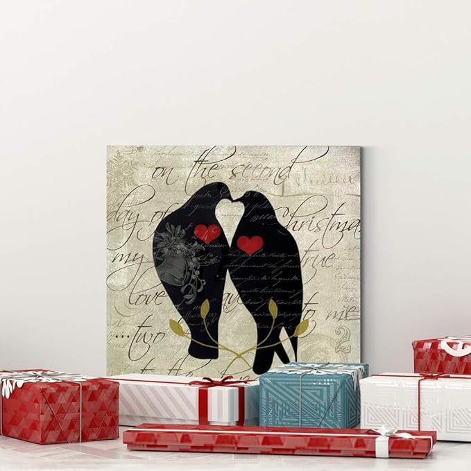 Renditions Gallery Twelve Days of Christmas Wall Art, Two Turtle Doves, Lovely Winter Artwork, Kissing Birds, Premium Gallery Wrapped Canvas Decor, Ready to Hang, 40 in H x 40 in W, Made in America