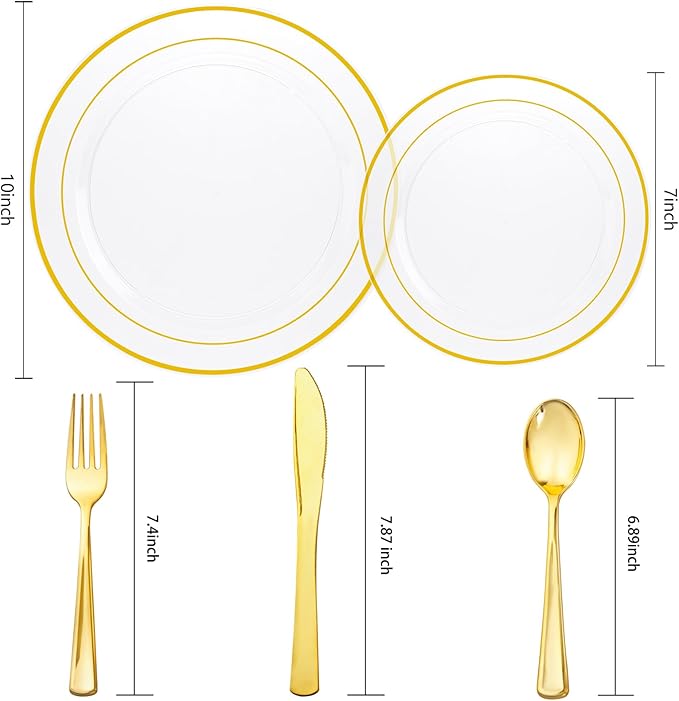 I00000 600Pcs Clear Gold Plastic Plates for 100 Guests, Plastic Dinnerware Set of 100 Gold Disposable Plates, 100 Dessert Plates, 200 Forks, 100 Knives and 100 Spoons Perfect for Party & Wedding